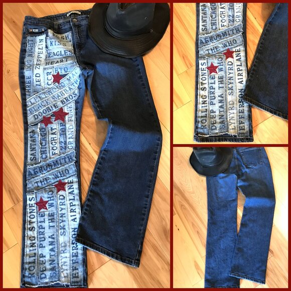 1970s Rock Band Patchwork Jeans, Size 12: Upcycled Bleached Band Patches & Stars - Picture 12 of 12